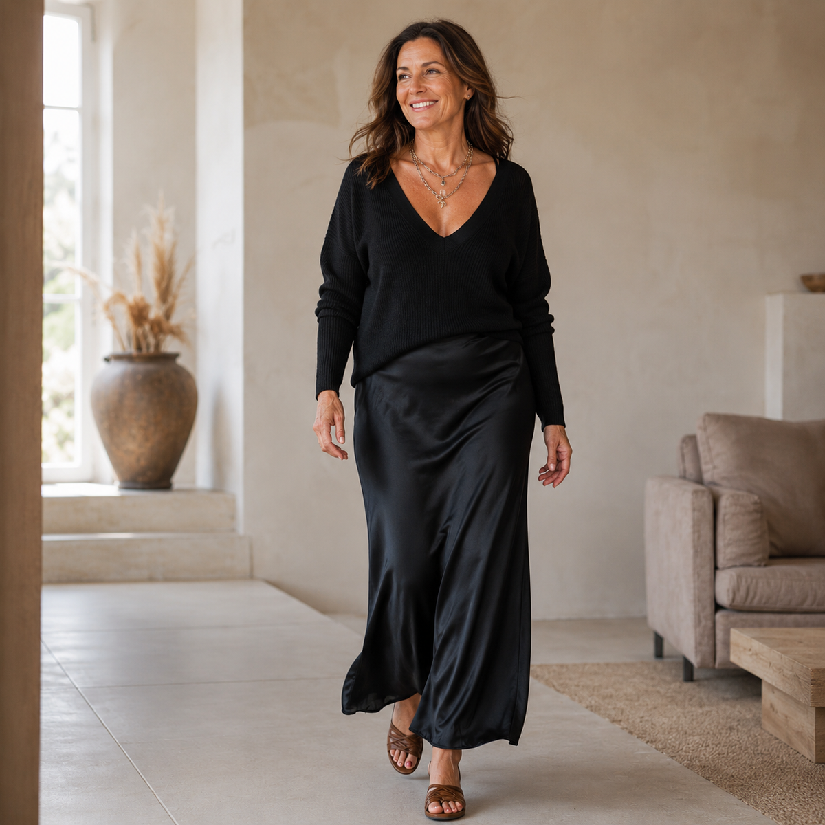 Linavera – Elena - Midi Satin Kleid mit Inklusiver Strickjacke