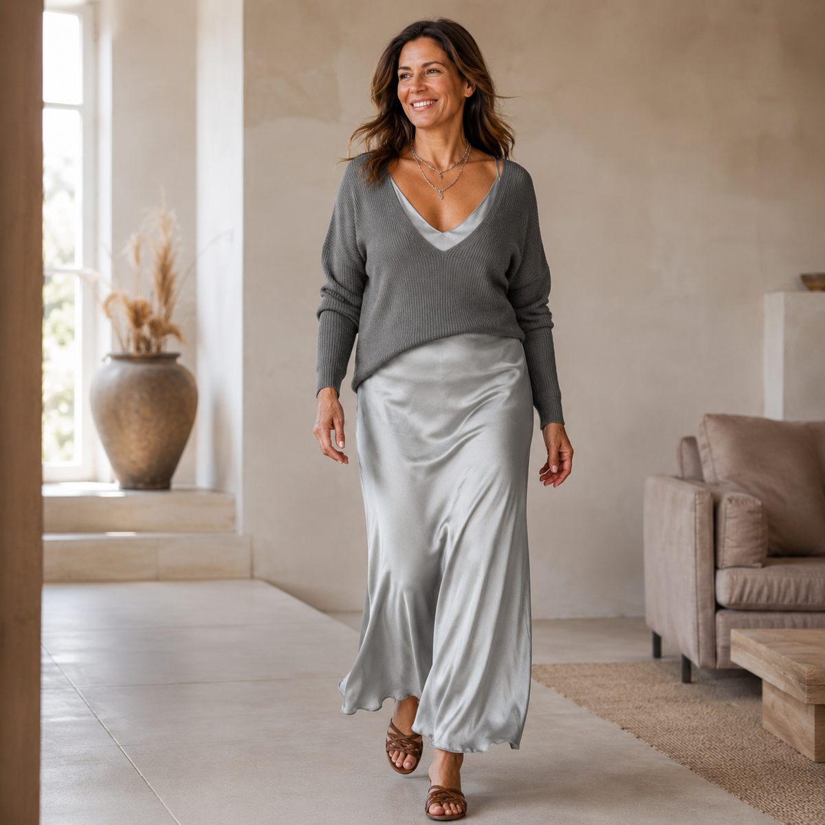 Linavera – Elena - Midi Satin Kleid mit Inklusiver Strickjacke