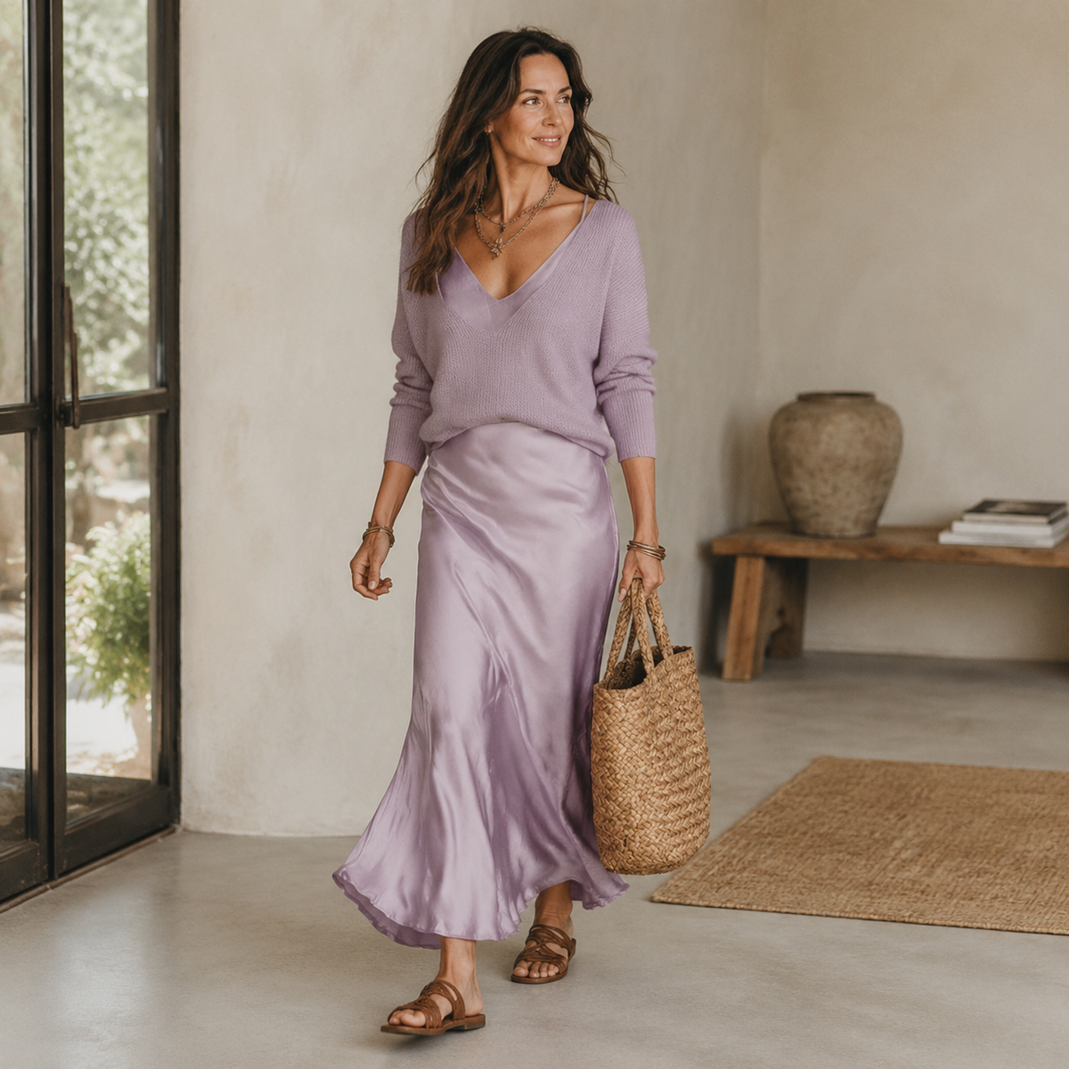 Elena - Midi Satin Kleid mit Inklusiver Strickjacke