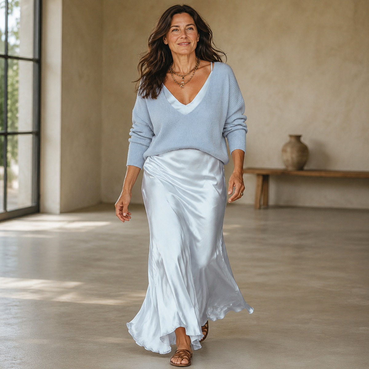 Elena - Midi Satin Kleid mit Inklusiver Strickjacke