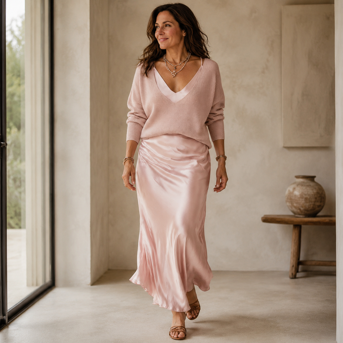Elena - Midi Satin Kleid mit Inklusiver Strickjacke
